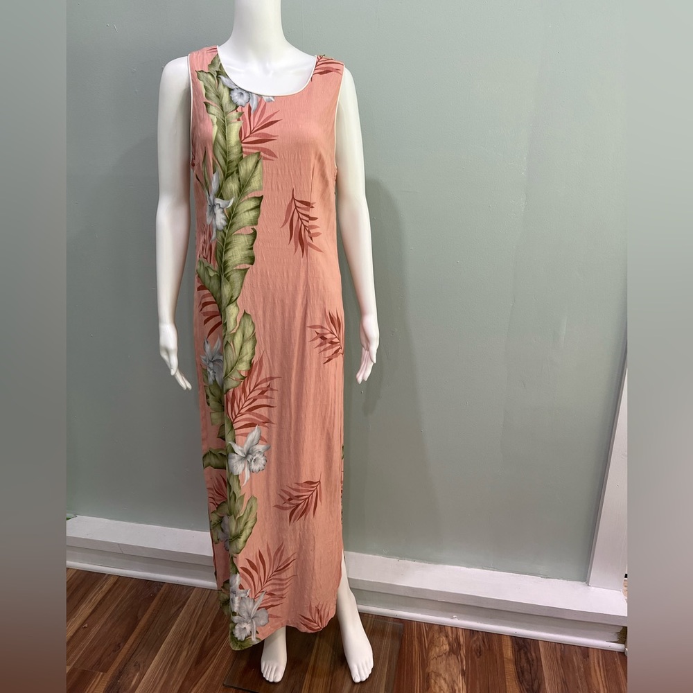 VTG Hilo Hattie Hawaiian Dress L Palm Hibiscus Print Pink Shift Maxi